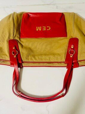Boulevard Tan Canvas Tote with Red Leather Trim - Custom Monogrammed "CEM"